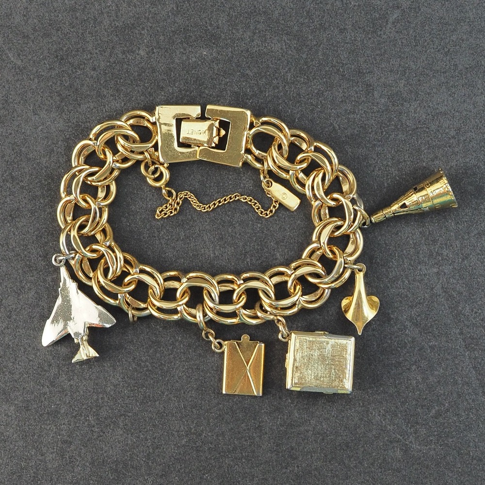Monet Charm Bracelet Gold Tone Double Link Safety Chain Airplane Birthday VTG - Picture 4 of 7